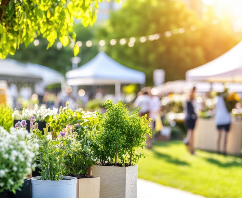 A vibrant outdoor market on a sunny day, featuring colorful flowers and potted plants in the foreground. White tents and blurred figures of people shopping are visible in the background, set against a backdrop of greenery and string lights.